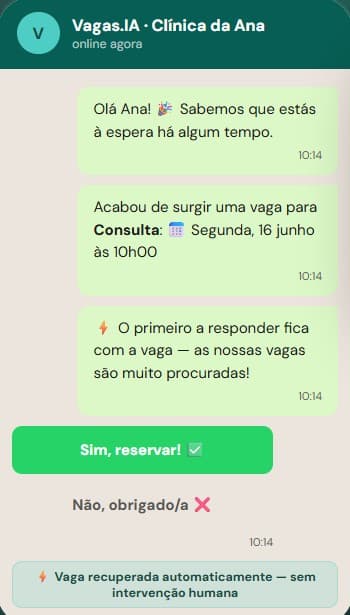 Captura real de WhatsApp: Vagas.IA recuperando una cita cancelada